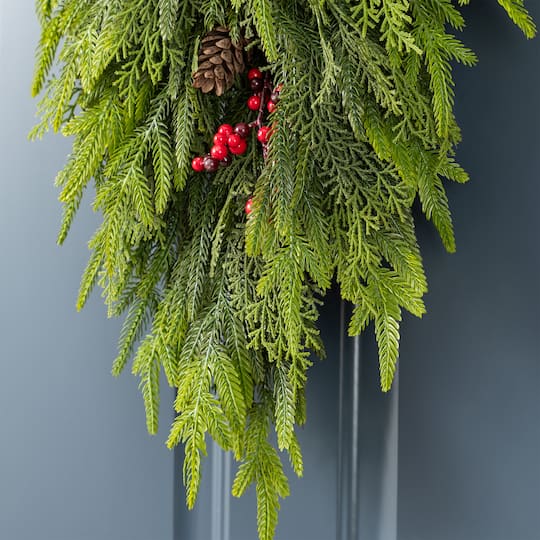 Glitzhome® 31.5" Christmas Greenery PE Dripping Teardrop with Pinecones and Red Berries,Set of 2